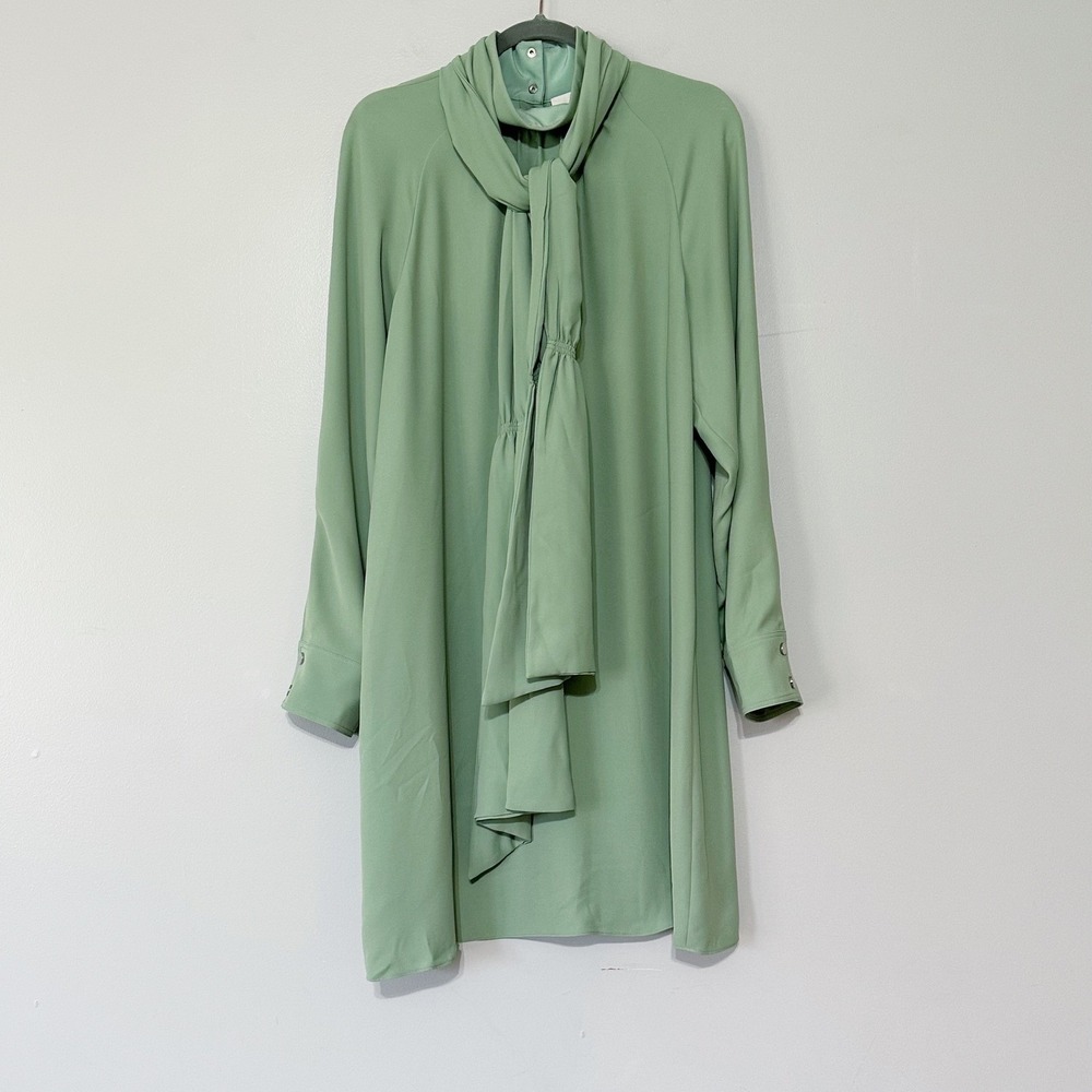 Tibi Modern Drape Long Sleeve Tie Neck Dress in Celadon Green Size 12 Mock Neck